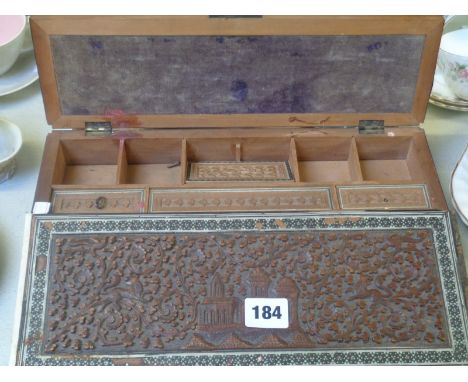 Asian hardwood carved writing slope with Hunting design decoration, fitted interior with bone inlaid decoration