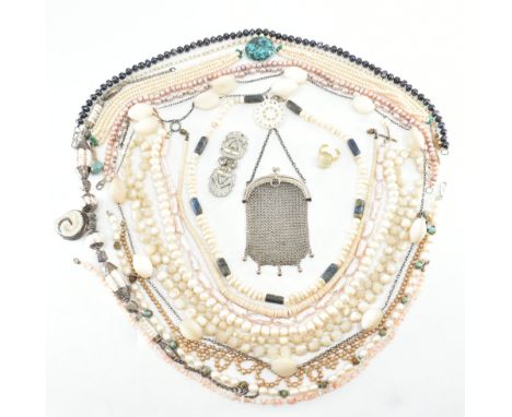 An assorted collection of shell, pearl, stone &amp; bead jewellery. The lot to include; hallmarked 9ct yellow gold, 925 silve