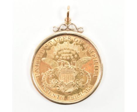 A gold 1900 United States of America Liberty twenty dollars coin pendant. The necklace pendant having a gold coin to yellow m