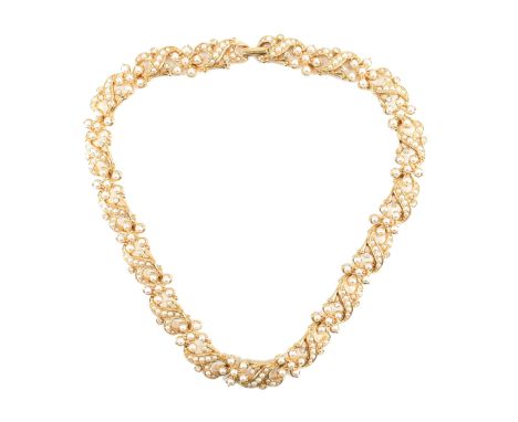 Two vintage necklace and earring parure. The parure to include gold tone and simulated pearl, paste and a blue stone and past