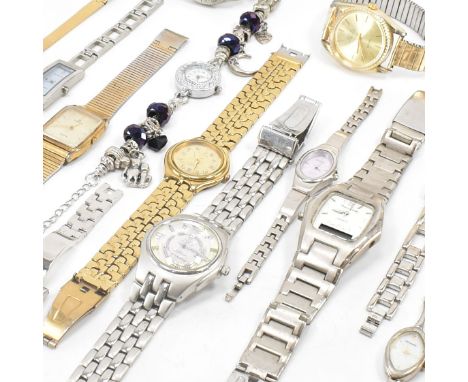 An assorted collection of wrist watches. The group to include; gold &amp; silver tone metal, coloured dials, radium indices &