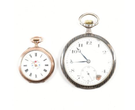 An 800 silver pocket watch together with an 800 silver and rose metal fob watch. The fob watch having an enamel face with flo