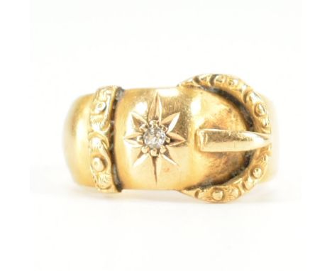 A hallmarked 18ct yellow gold &amp; diamond buckle ring AF. the ring in the form of a fastened belt with etched detailing to 