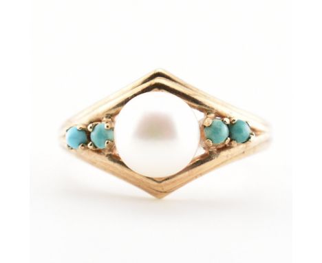 An&nbsp;Art Deco pearl and turquoise cocktail ring. The ring set with a central cultured pearl flanked by turquoise cabochons