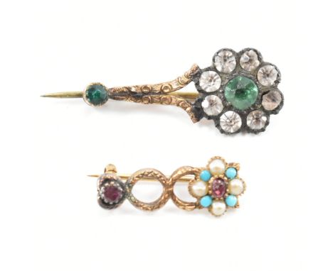 Two antique comet yellow metal &amp; stone set brooch pins. The first having an oval cut milgrain set pink stone surrounded b