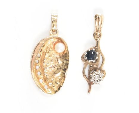 Two 9ct yellow gold &amp; stone set necklace pendants. The first in the form of an oyster shell having a white pearl set to t
