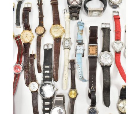 An assorted collection of costume jewellery wrist watches. The lot to include; Guess, Eiger, Timex, Next, Alfex, Emporio Arma