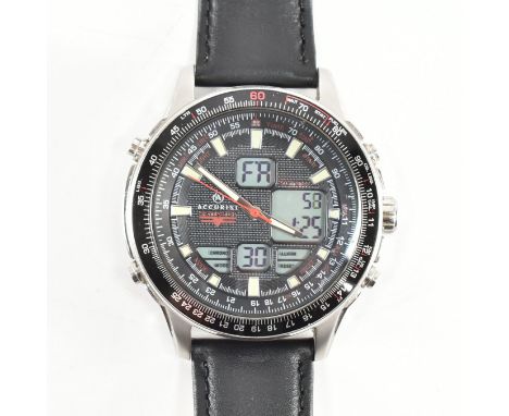 An Accurist Skymaster analogue and digital wrist watch. The watch having a round black face with three digital display screen