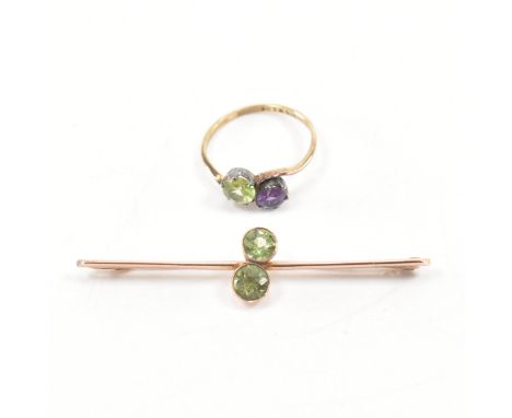 A 9ct gold amethyst and peridot cross over ring and bar brooch. The ring set with a round cut peridot and amethyst to a cross