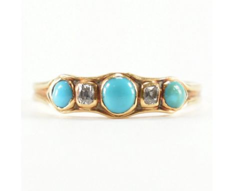 A 19th Century Victorian gold, turquoise and diamond ring. The ring being set with three turquoise cabochons and two old rect