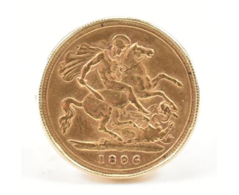 A Victorian1896 half sovereign coin 9ct yellow gold ring. The 1896 half sovereign bezel set to split shoulders &amp; straight