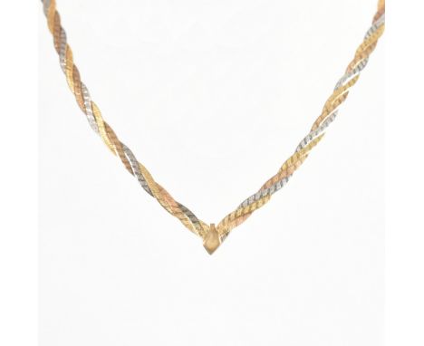 A hallmarked 9ct three tone gold necklace chain. The V line style chain comprised of braided flat linked rose, white &amp; ye