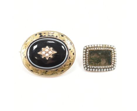 Two early 19th century mourning brooch pins. An early 19th century mourning brooch. The brooch set with a central moss agate 