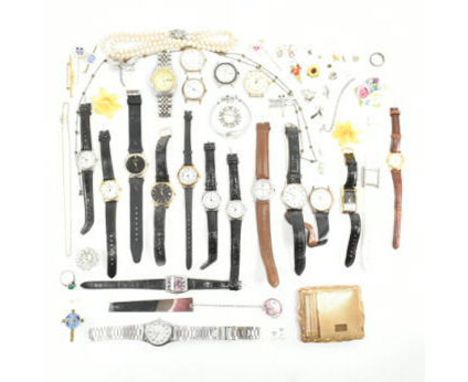 A collection of vintage costume jewellery and watches. The lot to include a selection of watches; Limit, Berge, Pulsar, Lorus