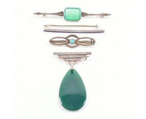 A collection of silver and gem set brooch pins. The brooch pins to include and Art Deco Sterling Silver chalcedony pendant br