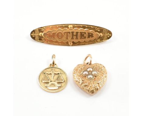 A group of gold and gold plated jewellery. The lot to include a gold plated ' Mother brooch ' of navette form, a heart locket