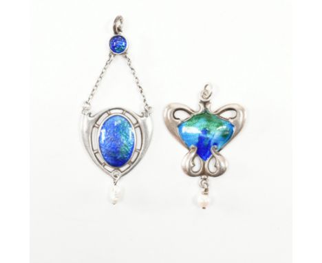 Two hallmarked Art Nouveau enamel necklace pendants. The pendant to include a Charles Horner pendant, hallmarked Chester meas