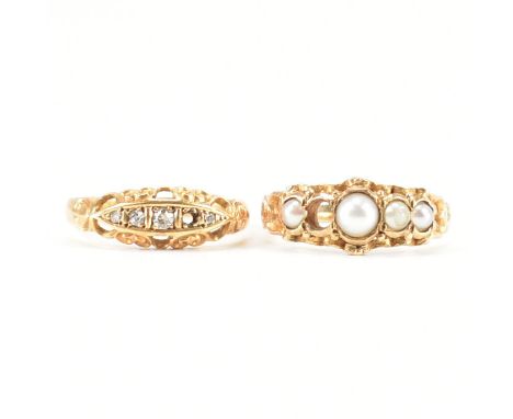 Two hallmarked yellow gold &amp; stone set rings, both AF. The first an 18ct gold &amp; diamond boat ring with scrolling shou