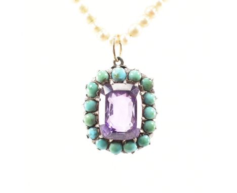 A Victorian pearl amethyst turquoise pendant necklace. The string of pearls strung with an amethyst and turquoise cluster pen