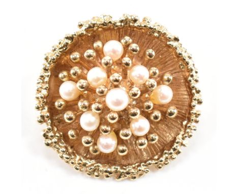A vintage 9ct yellow gold &amp; pearl cluster brooch. The brooch of rounded form having a central cluster of stem set pearls 