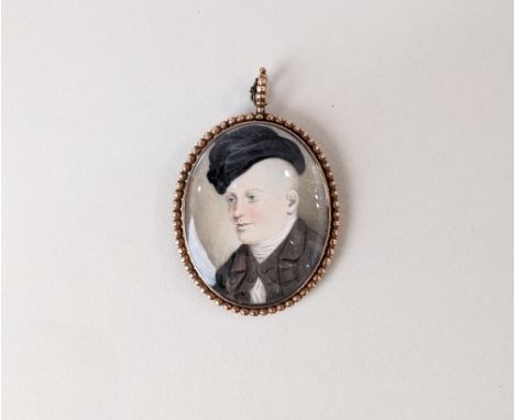 A late 18th / 19th century miniature portrait of a gentleman wearing a black hat, oval, 4.2cm by 3.3cm, mounted as a mourning