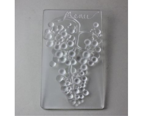 A R Lalique raisin muscat menu plaque, decorated in light relief with a bunch of hanging grapes, 15cm by 9cm
