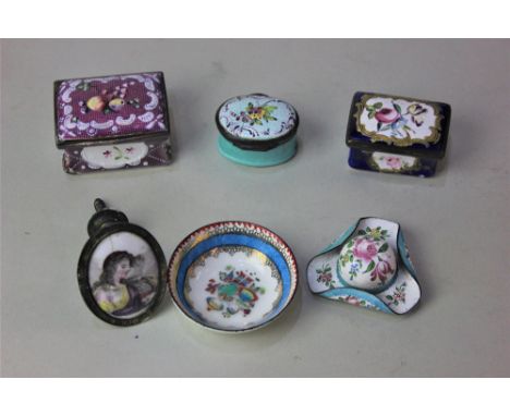 Four various enamel boxes including an oval patch pot, another patch pot in the form of a hat, small trinket bowl and an enam