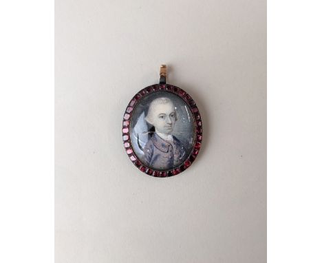 An 18th century miniature portrait of a gentleman wearing a purple coat and waistcoat, possibly by Thomas Redmond, initialled