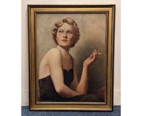 20th century school, portrait of a lady smoking, with blonde hair, wearing a black dress, oil on board, unsigned, 54cm by 41c