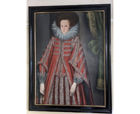 17th century English School, portrait of a young woman aged 19, three quarter length, wearing a red embroidered dress, oil on