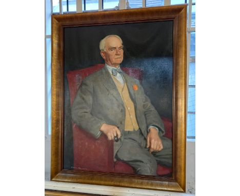 Bernard Hailstone (1910-1987), portrait of an old man wearing a yellow waistcoat, with a marigold in his buttonhole, oil on c
