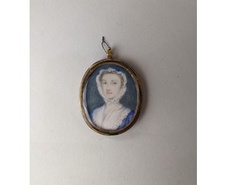 Attributed to Peter Paul Lens (1714-1750), a portrait miniature of a young lady lace trimmed blue dress and bonnet, faintly s