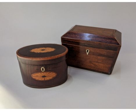 A 19th century rosewood cross banded tea caddy, with hinged lid enclosing two compartments, 18.5cm, together with a small 19t