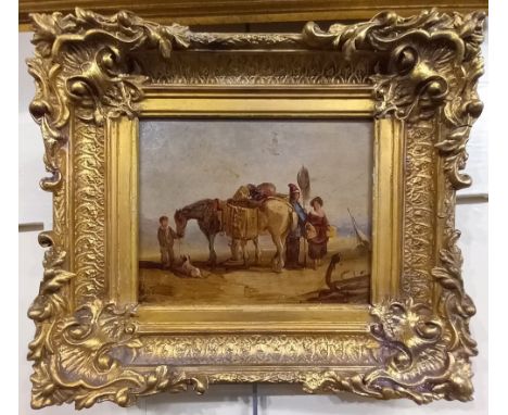 Manner of E R Smythe, beach scene with a group of shrimpers beside two horses, oil on board, unsigned, 15cm by 18.5cm