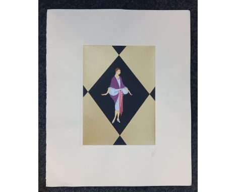 After Romain de Tirtoff Erte, lady dressed in purple, print, signed in pencil, 70cm by 57cm, unframed