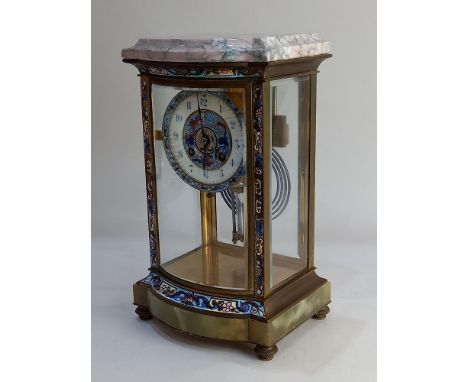 A French cloisonne and brass mantle clock with bevelled glass panels, the movement striking on a gong, cloisonne decorated di