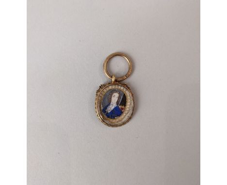 An 18th century miniature portrait of a gentleman in a blue coat, 1.5cm by 1.2cm,  in unmarked yellow metal pendant mount