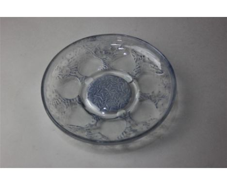 An R Lalique 'Vases' glass coupe dish, with some blue staining, 16cm diameter
