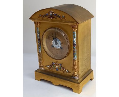French brass and enamel mantle clock by Samuel Marti, the dial with Arabic numerals, striking on a gong, 28.5cm high, with ke