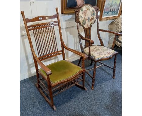 A late 19th century / early 20th century rocking chair with bead and spindle slatted back and upholstered seat, together with