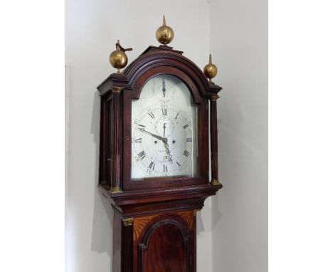 A George III mahogany inlaid longcase clock the silvered dial signed 'Watkins London', with strike / silent dial and a subsid