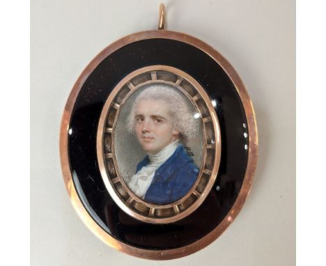 John Smart (1741-1811), portrait miniature of a gentleman in a white cravat and blue coat, signed and dated 1786 I, oval, 4cm