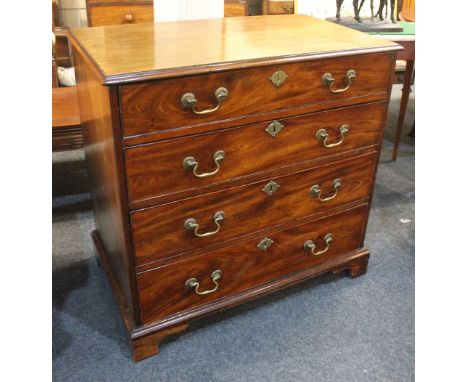 A George III mahogany chest of four graduated drawers with brass swan neck drop handles, on bracket feet, 87cm (a/f)