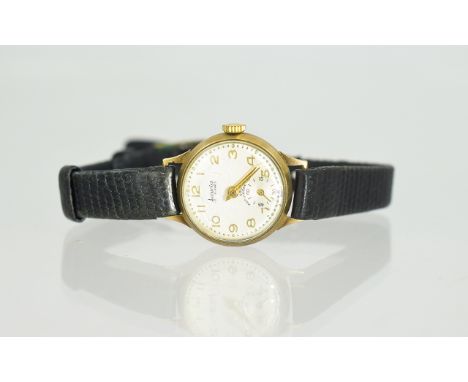 Ladies 9ct Gold Accurist Wristwatch, Silvered Dial, Arabic Numerals With Subsidiary Seconds, Manual Wind, Black Leather Strap