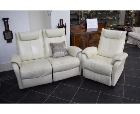 Three Piece Modern Reclining Sofa Modular sofa upholstered in cream leather with reclining function. Three pieces in total, t