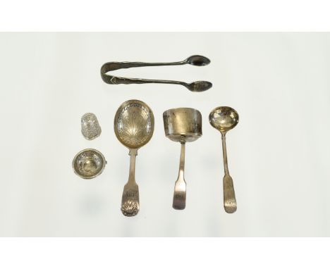 A Collection of Antique Silver Caddy Spoons, Thimble, Sugar Nips etc ( 6 ) Items In Total. Comprises George III Silver Caddy 