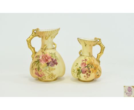 Royal Worcester Blush Ivory Handpainted Jugs Two in total decorated and painted in polychrome enamels. Images of sprigs of fl