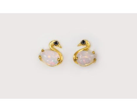 Opal and Black Spinel Swan Stud Earrings, the body of each swan made up of a pear cut cabochon opal, in gold vermeil and silv