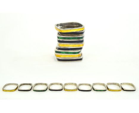 Collection Of Nine Enamelled Silver Stacking Band Rings,   Scandinavian Style, of Curved Square Form, In Green, Gold And Blac