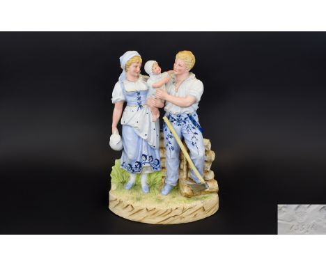 Heubach - German Late 19th Century - Very Fine Quality Bisque Figure - Young Couple with Baby, Male with Axe. No 13576, Heuba